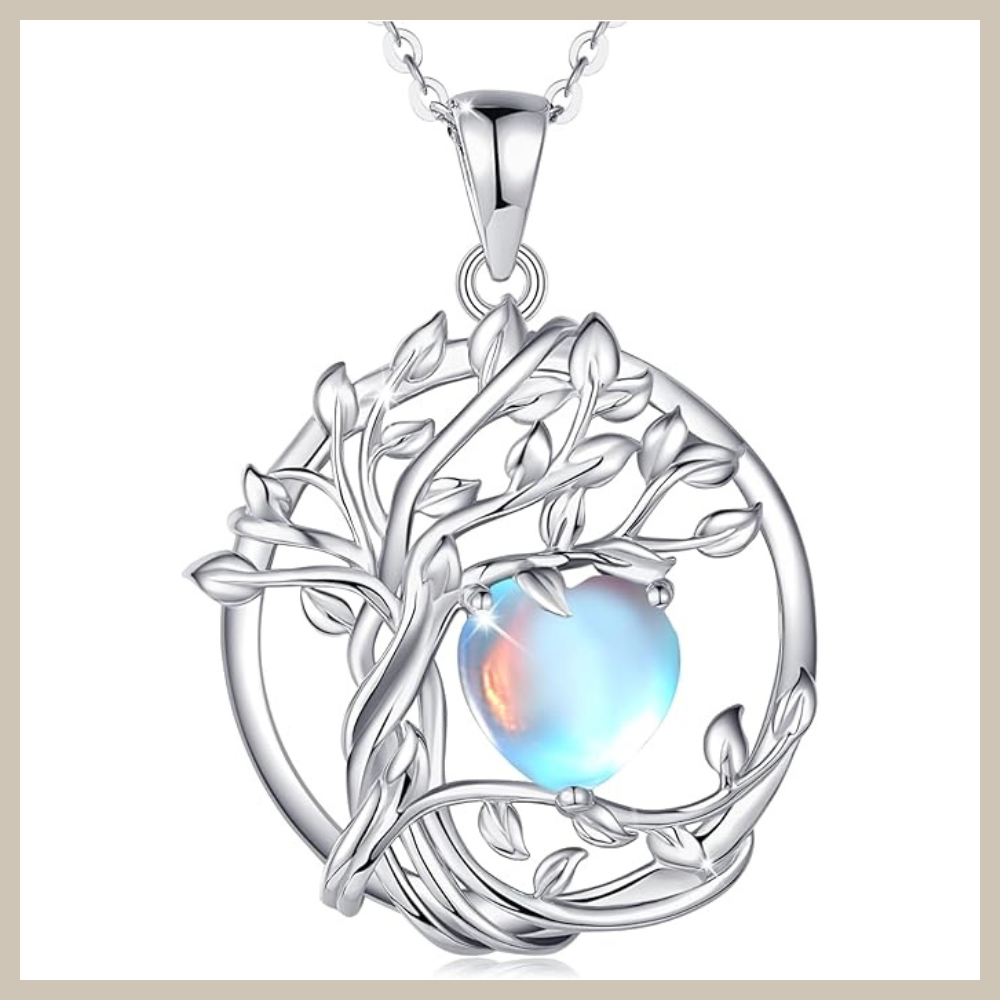 Round tree of life pendant in 925 sterling silver with a faceted rainbow moonstone set at the base of the branches on a silver cable chain.